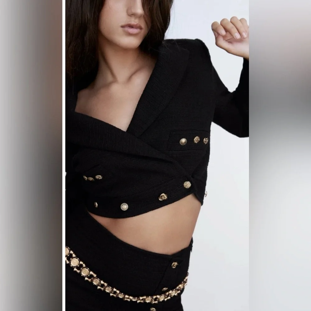 ZARA NEW Women’s CROPPED BUTTONED Textured Tweed BLAZER JACKET BLACK Size Small - Picture 5 of 16